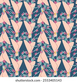 Seamless floral geometric pattern with pink and green accents on dark background.