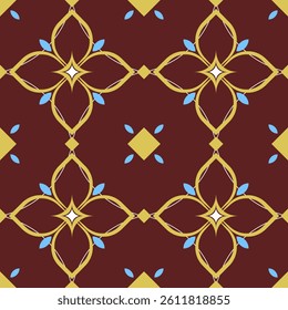 Seamless floral geometric pattern in red, yellow, and blue tones. Perfect for textile, wallpaper, or decorative design.