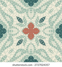 Padrão geométrico floral sem costura em verde salva, creme e terracota. Padrão floral sem emenda desenhado à mão com sálvia verde, creme e tons de terracota com texturas orgânicas, perfeito para design de superfície elegante e decoração de casa.