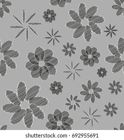 Seamless floral geometric pattern for textiles, fabrics, wall coverings. Seamless vector pattern of mandala shapes for fabrics, wallpaper, interior. Monochrome background.