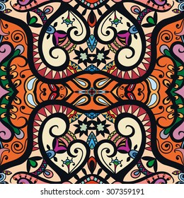 Seamless floral and geometric pattern, tribal ethnic ornament, arabic indian motif, vector abstract hand drawn background.