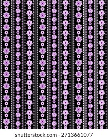 Nahtloses geometrisches Blumenmuster mit vertikalen Streifen und sich wiederholenden dekorativen Blumen. Das Design verfügt über weiche violette Töne auf dunklem Hintergrund, die Schaffung einer eleganten dekorativen Textil-Stil suita