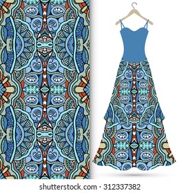 Seamless floral geometric pattern, women's dress on a hanger. Tribal ethnic ornament fabric texture.