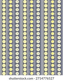 Seamless floral geometric pattern with yellow and white flowers arranged in vertical stripes on a gray background. Decorative ornamental design inspired by folk and ethnic motifs, suitable for wallpaper, fabric, textile prints, wrapping paper, and modern surface design.