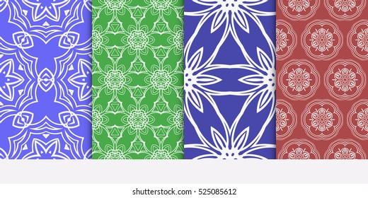 seamless floral geometric patterns set. Texture for holiday cards, Valentines day, wedding invitations, design wallpaper, pattern fills. Red, green, blue. Vector illustration.