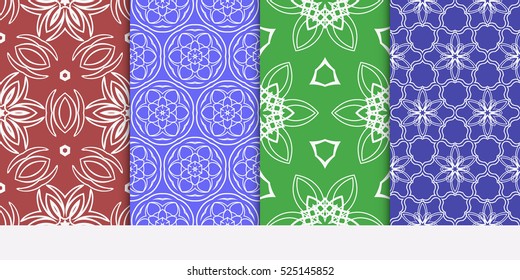 seamless floral geometric patterns set. Texture for holiday cards, Valentines day, wedding invitations, design wallpaper, pattern fills. Red, green, blue. Vector illustration.