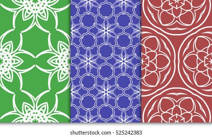 seamless floral geometric patterns set. Texture for holiday cards, Valentines day, wedding invitations, design wallpaper, pattern fills. Red, green, blue. Vector illustration.