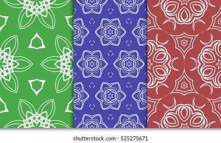 seamless floral geometric patterns set. Texture for holiday cards, Valentines day, wedding invitations, design wallpaper, pattern fills. Red, green, blue. Vector illustration.
