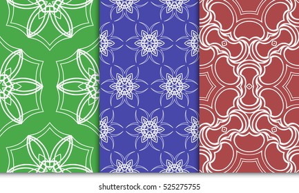 seamless floral geometric patterns set. Texture for holiday cards, Valentines day, wedding invitations, design wallpaper, pattern fills. Red, green, blue. Vector illustration.