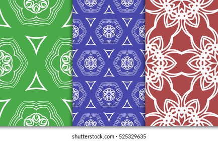 seamless floral geometric patterns set. Texture for holiday cards, Valentines day, wedding invitations, design wallpaper, pattern fills. Red, green, blue. Vector illustration.