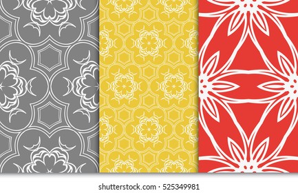 seamless floral geometric patterns set. Texture for holiday cards, Valentines day, wedding invitations, design wallpaper, pattern fills, web page, banner, flyer. Vector illustration.
