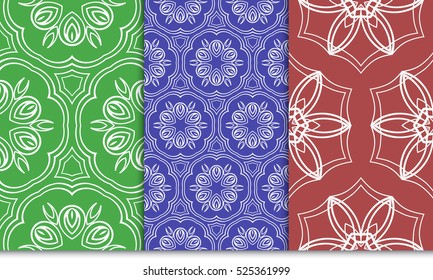 seamless floral geometric patterns set. Texture for holiday cards, Valentines day, wedding invitations, design wallpaper, pattern fills. Red, green, blue. Vector illustration.