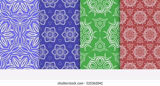seamless floral geometric patterns set. Texture for holiday cards, Valentines day, wedding invitations, design wallpaper, pattern fills. Red, green, blue. Vector illustration.