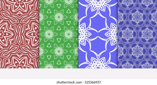 seamless floral geometric patterns set. Texture for holiday cards, Valentines day, wedding invitations, design wallpaper, pattern fills. Red, green, blue. Vector illustration.