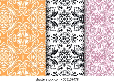 Seamless floral geometric square patterns set with repeating texture for Wedding, Bridal, Valentine's day or Birthday Invitations, fabric or paper print. Vector collection