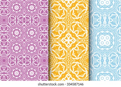 Seamless floral geometric square patterns set with repeating texture for Wedding, Bridal, Valentine's day or Birthday Invitations, fabric or paper print. Vector collection