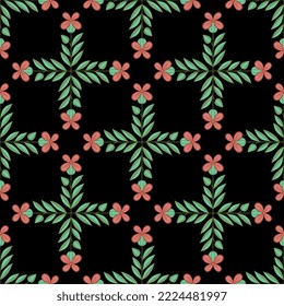 Seamless floral geometrical pattern. Botanical print with square motifs. Green leaves and red flowers on black background. Folk style.