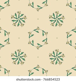 Seamless floral geometrical pattern with crowns of datura blossom and dots.