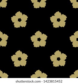 Seamless floral geometrical pattern with stylized flowers. Simple golden silhouettes on black background.