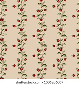 Seamless floral geometrical pattern with vertical garlands of stylized plants. Folk style.