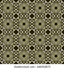 Seamless floral geometrical wallpaper. Black and golden, orange, yellow pattern, vector. Template for design