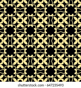 Seamless floral geometrical wallpaper. Black and golden, orange, yellow pattern, vector. Template for design