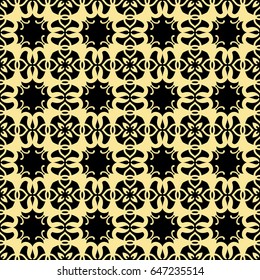 Seamless floral geometrical wallpaper. Black and golden, orange, yellow pattern, vector. Template for design