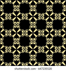 Seamless floral geometrical wallpaper. Black and golden, orange, yellow pattern, vector. Template for design