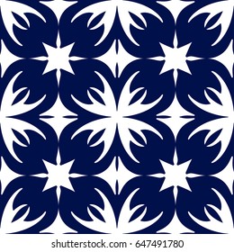 Seamless floral geometrical wallpaper. Dark blue and white pattern, vector. Template for design
