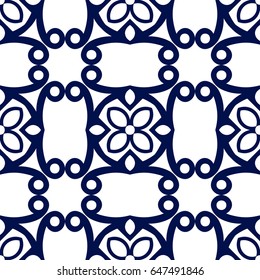 Seamless floral geometrical wallpaper. Dark blue and white pattern, vector. Template for design