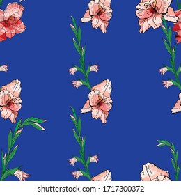 Seamless floral  gladiolus pattern with romantic flowers. Endless texture for elegant floral and season design
