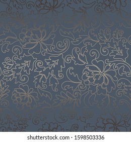 Seamless floral gold pattern, grayish blue background color. Fashionable Wallpaper, fabric in vector.