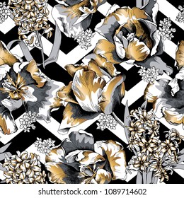 Seamless floral gold and silver pattern. Tulips, Hyacinth, Lilac flowers and leaves on a geometric zigzag background. Vector illustration.