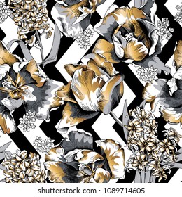 Seamless floral gold and silver pattern. Tulips, Hyacinth, Lilac flowers and leaves on a geometric zigzag background. Vector illustration.