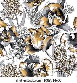 Seamless floral gold and silver pattern. Tulips, Hyacinth, Lilac flowers and leaves on a white background. Vector illustration.