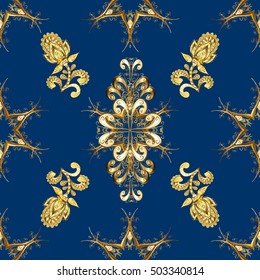 Seamless floral golden pattern, classic, blue background. Vector