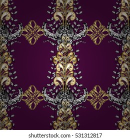 Seamless floral golden pattern, classic, dark pink background. Vector