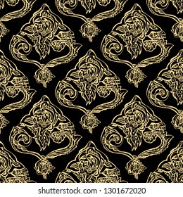Seamless floral golden pattern on black background. vector