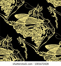 Seamless floral golden pattern on black background. vector