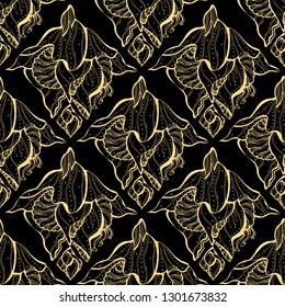 Seamless floral golden pattern on black background. vector