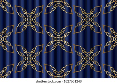 Seamless floral golden patterns on a colored striped background