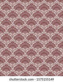 Seamless floral golden and ruby-red pattern, classic style. Appropriate for fabric materials, wallpaper, decoration. Sample is added to swatches panel.