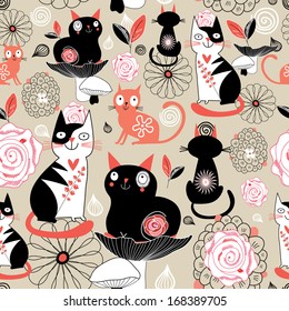 Seamless floral graphic pattern with cats 