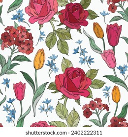 Seamless floral graphic pattern. Roses and tulips. Vector botanical illustration.