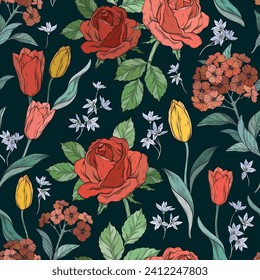 Patrón gráfico floral sin brillo. Roses y tulipanes sobre fondo azul oscuro. Ilustración botánica vectorial.