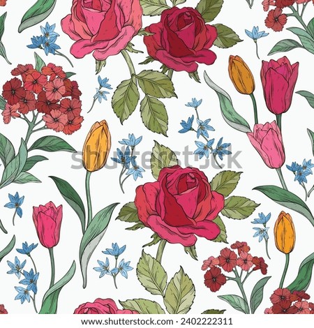 Seamless floral graphic pattern. Roses and tulips. Vector botanical illustration.