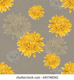 Seamless  floral gray pattern with golden chrysanthemums