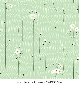 Seamless floral green pattern. Abstract texture with flowers, branches and leaves. Vector grass background.