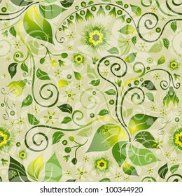 Seamless floral green pattern with flowers and vintage curls (vector eps 10)