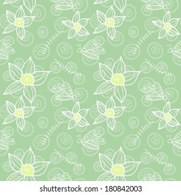 Seamless floral green pattern with narcissus and butterflies